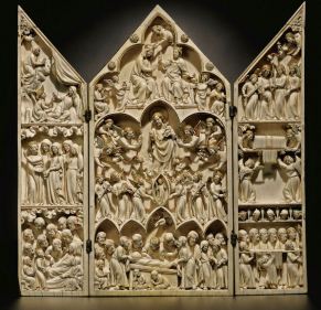 Master of the Amiens Triptych (Paris), Triptych with nine scenes of the life of the Virgin, 1310-20, 26.7 x 26.5 cm, Ivory with remains of original polychromy and gilding. Photo: Sotheby's