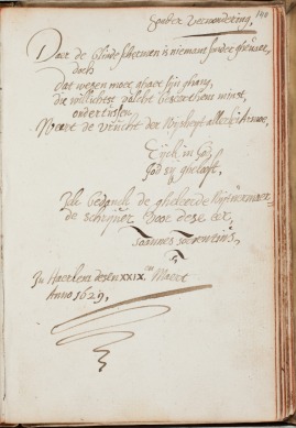 Poem by Johannes Torrentius in the Album Amicorum of Petrus Scriverius, 23 March 1629, ending "God be praised", Koninklijke Bibliotheek, Den Haag