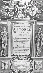 Title page of Historiae Gelricae Libri XIV, 1639 showing Claudius Civilis (left) and William of Orange (right), emphasising the analogy between the Batavian leader and the first Stadtholder, University Library Nijmegen