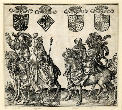 8. Sheet from the Counts and Countesses of Holland series; William IV, Margaret (riding side-saddle and holding a sceptre), Willem V and Adalbert (with a flamboyant plumed head-dress); above are coats-of-arms; two blocks, 1518, 23.4x26 cm, British Museum
