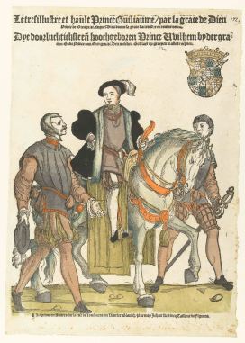 25. Cornelis Anthonisz, Prince William of Orange accompanied by two footmen, one wearing a jerkin with vertical slits, hand coloured woodcut, 1645, Rijksmuseum