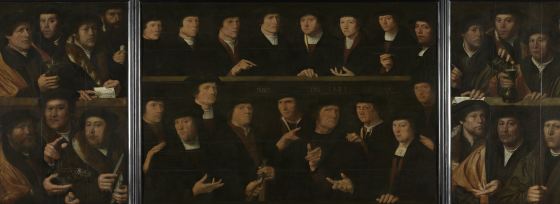 The oldest surviving civic guards portrait is the center panel depicting 17 civic guards of the Kloveniers, by Dirck Jacobz, 1529. The "wings" depicting 7 figures each, were added later, 1529 and or 1532-35, oil on panel, signed ANO DNI 1529 DMI, Rijksmuseum