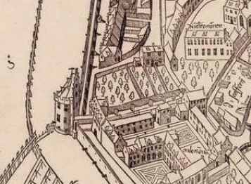 8. The "Kloveniersdoelen" with shooting range that could be reached via a bridge across the road from their headquarters in the tower "Swych Utrecht", detail from Cornelis Anthonisz map of Amsterdam, 1544