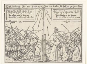Caricature of a parrot shooting contest: civic guards against the clergy, 1566, Rijksmuseum