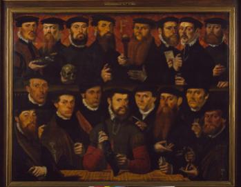 27. Civic Guards of Division F of the Kloveniers, 1557, with the man in the center in the front row wearing a leather jerkin with slits, attr. to the Master of the Antwerp Family Portrait, oil on panel, 133x169.5 cm, Amsterdam Museum