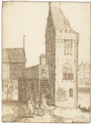 19. The medieval gate tower "Swijgh Utrecht" with footbridge across the road leading to the shooting range, headquarters of the Kloveniers, David Vinckboons, drawing, 1599-1600, Rijksmuseum