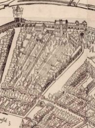 9. The Archers and Crossbowmen's (Handboog and Voetboogdoelen) headquarters with shooting range on the Singel, detail from Cornelis Anthonisz map of Amsterdam, 1544