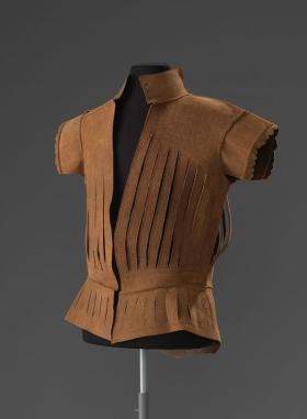 26. Leather jerkin with vertical slits, c. 1550, archeological find, fully restored, Amsterdam Museum
