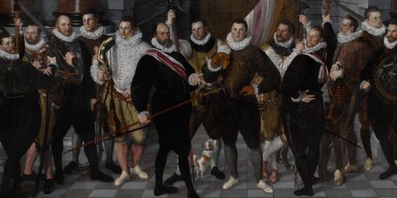 Cornelis Ketel, Civic Guards Company of Captain Dirck Jacobsz Rosecrans en Lieutenant Pauw (1588), oil on canvas,  208x410 cm, Rijksmuseum. The men on the extreme right and left are only partially shown, a sign that the painting was cropped