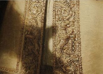 "Paint standing up so high that one could grate nutmegs on it". Fragment of Van Ruijtenburch's coat showing the lion and Amsterdam's emblem, three St Andrew crosses. Between Van Dyk's time and the present the painting was restored many more times, so that Van Dyk's description is no longer tenable