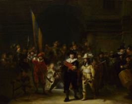Gerrit Lundens, near-contemporary copy of the "Night Watch", showing the painting before alterations of the original: the name shield (end late 17th c) and cropping (1715), 66.5x85.5 cm, National Gallery