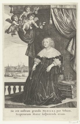 Engraving by Salomon Savery after Gerard van Honthorst, portrait of Marie de' Medici with a panorama of Amsterdam, 1638, Rijksmuseum