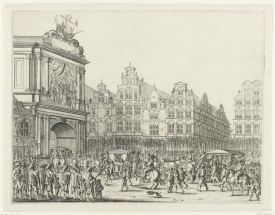Triumphal arch with theatre and tableau vivant at the Vijgendam designed by Claes Moeyaert with Marie de' Medici's coach and civic guards in attendance. Engraved by Salomon Savery after a design by Pieter Nolpe, 1638, Rijksmuseum