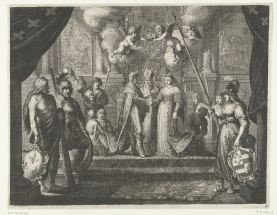 The tableau vivant at the Vijgendam, depicting the wedding of Marie de' Medicis with Henry IV of France. In the foreground Hercules, Mars and Minerva. Pieter Nolpe, engraving, after the design by Claes Moeyaart, 1638, Rijksmuseum